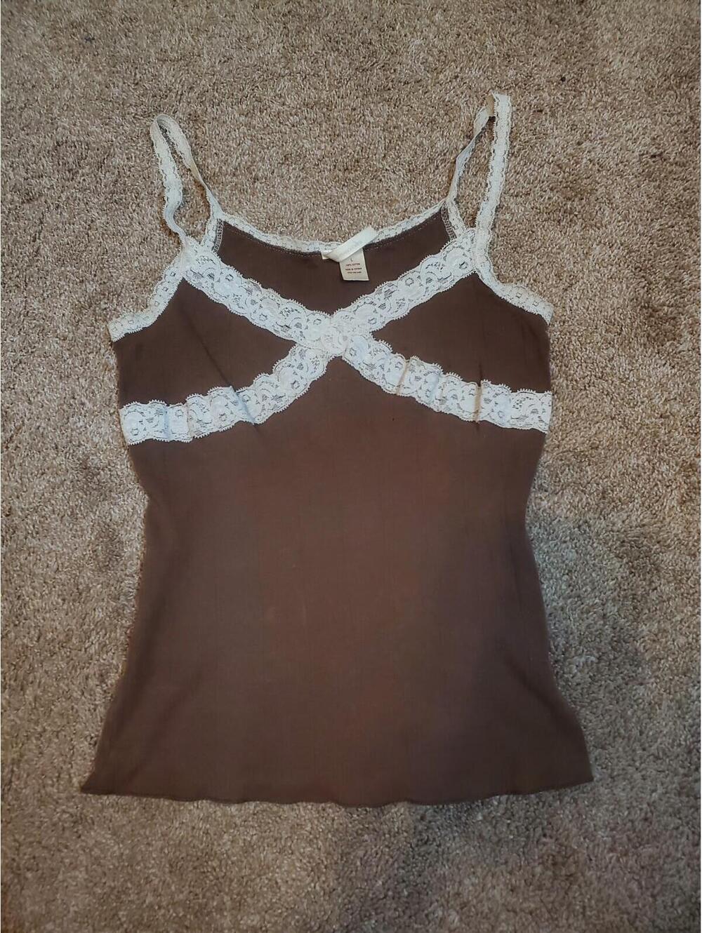 Vintage Abercrombie & Fitch Y2K 2000's Cami Tank Ribbed Brown Sz XS Lace Trim